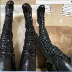 Extra tall combat boots. Faux leather or croc